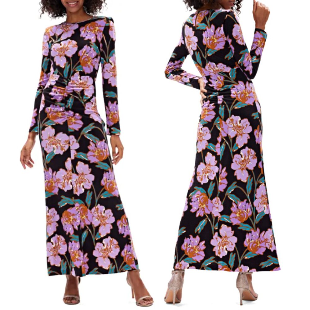 DIANE VON FURSTENBERG Madge Wool-Blend Ruched Long Sleeve Maxi Dress sz L $438